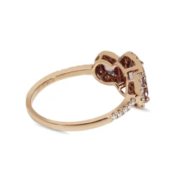 18ct Rose Gold Pink Sapphire 3 Stone Halo Ring