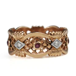 14ct Rose Gold Ruby and Single Cut Diamond Filigree Band Ring