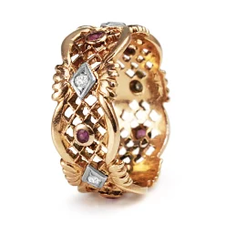 14ct Rose Gold Ruby and Single Cut Diamond Filigree Band Ring