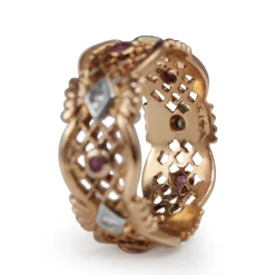 14ct Rose Gold Ruby and Single Cut Diamond Filigree Band Ring