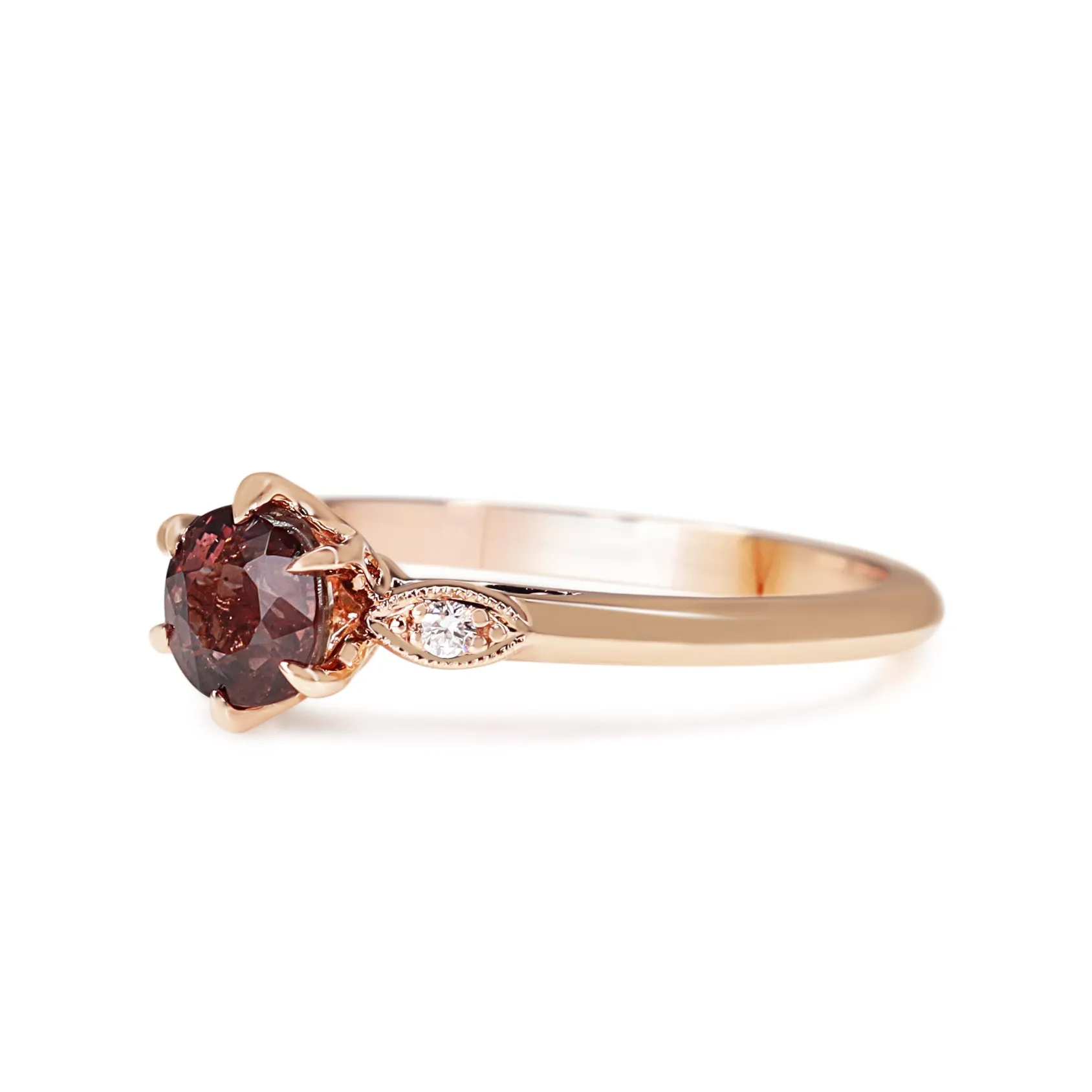 18ct Rose Gold Vintage Style Pink/Purple Sapphire and Diamond Ring