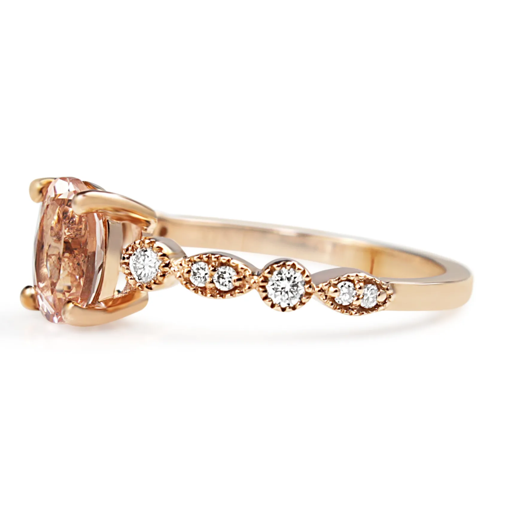 9ct Rose Gold Vintage Style Morganite and Diamond Solitaire Ring