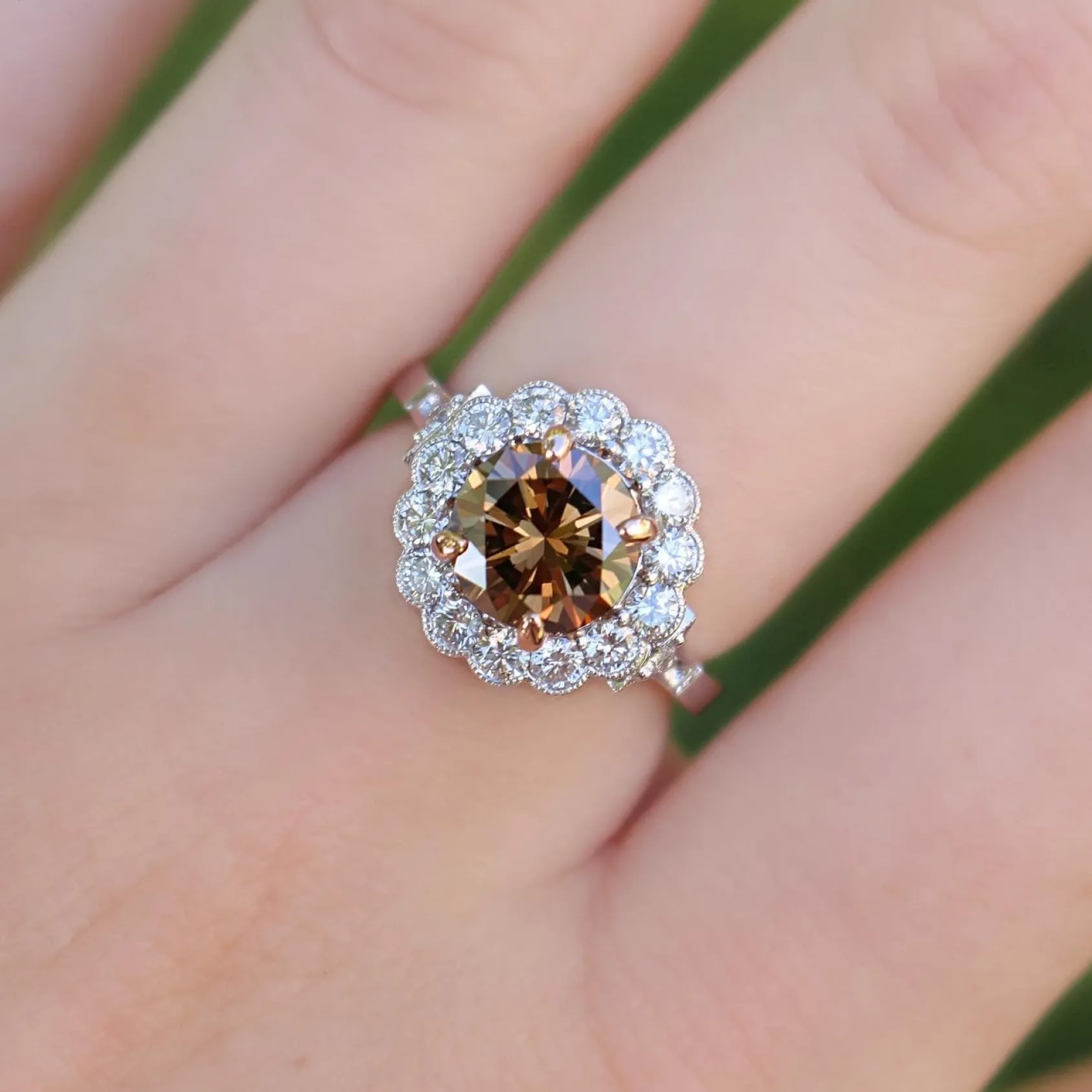 18ct White and Rose Gold Champagne Diamond Daisy Ring
