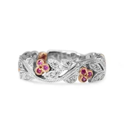 9ct White and Rose Gold Pink Sapphire and Diamond Floral Band Ring