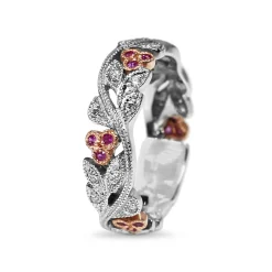 9ct White and Rose Gold Pink Sapphire and Diamond Floral Band Ring