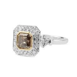 18ct White and Yellow Gold Deco Style Champagne Diamond Halo Ring