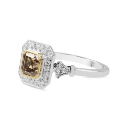 18ct White and Yellow Gold Deco Style Champagne Diamond Halo Ring