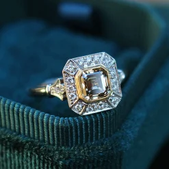 18ct White and Yellow Gold Deco Style Champagne Diamond Halo Ring