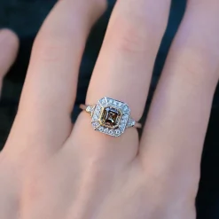 18ct White and Yellow Gold Deco Style Champagne Diamond Halo Ring