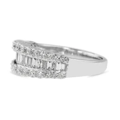 14ct White Gold 3 Row Baguette and Brilliant Cut Diamond Band Ring