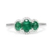 18ct White Gold 3 Stone Emerald and Diamond Halo Ring