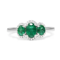 18ct White Gold 3 Stone Emerald and Diamond Halo Ring