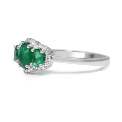 18ct White Gold 3 Stone Emerald and Diamond Halo Ring