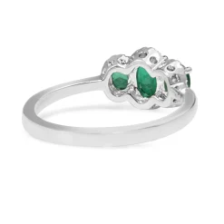 18ct White Gold 3 Stone Emerald and Diamond Halo Ring