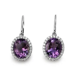 18ct White Gold Amethyst and Diamond Halo Drop Earrings
