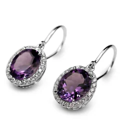 18ct White Gold Amethyst and Diamond Halo Drop Earrings