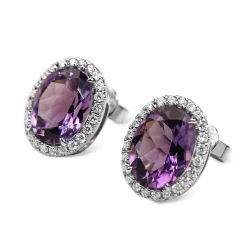 18ct White Gold Amethyst and Diamond Halo Stud Earrings