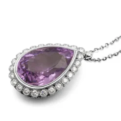 18ct White Gold Amethyst and Diamond Drop Necklace