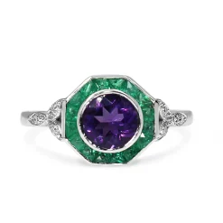 9ct White Gold Amethyst, Emerald and Diamond Deco Style Ring