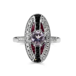 9ct White Gold Amethyst, Ruby, Onyx and Diamond Art Deco Style Ring
