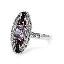 9ct White Gold Amethyst, Ruby, Onyx and Diamond Art Deco Style Ring