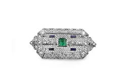 18ct White Gold Antique Emerald, Sapphire and Diamond Brooch