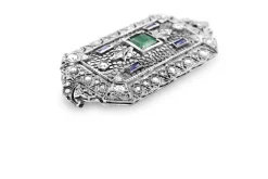 18ct White Gold Antique Emerald, Sapphire and Diamond Brooch