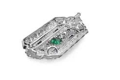 18ct White Gold Antique Emerald, Sapphire and Diamond Brooch