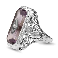 18ct White Gold Antique Filigree Amethyst and Diamond Signet Ring