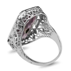 18ct White Gold Antique Filigree Amethyst and Diamond Signet Ring