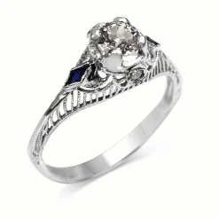 14ct White Gold Antique Old Cut Diamond and Sapphire Ring