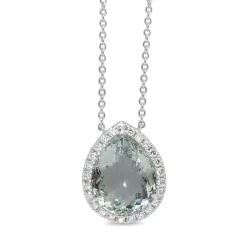 18ct White Gold Aquamarine and Diamond Halo Necklace