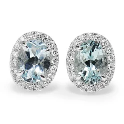 18ct White Gold Aquamarine and Diamond Oval Stud Earrings