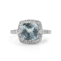 9ct White Gold Aquamarine and Diamond Halo Ring