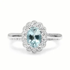 9ct White Gold Aquamarine and Diamond Daisy Ring