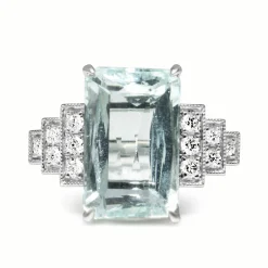 18ct White Gold Aquamarine and Diamond Step Down Style Ring