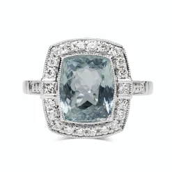 18ct White Gold Aquamarine and Diamond Halo Ring