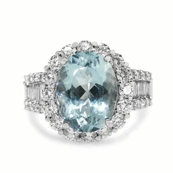 18ct White Gold Aquamarine and Diamond Halo Ring
