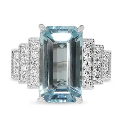 18ct White Gold Aquamarine and Diamond Deco Style Ring