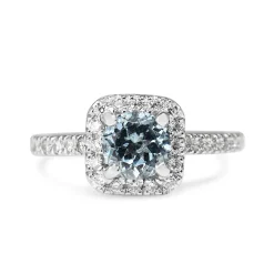 18ct White Gold Aquamarine and Diamond Cushion Shaped Halo Ring