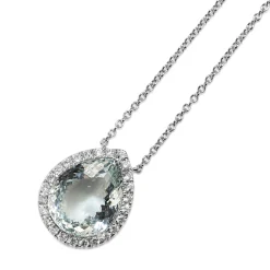 18ct White Gold Aquamarine and Diamond Halo Necklace