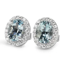 18ct White Gold Aquamarine and Diamond Oval Stud Earrings