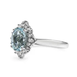9ct White Gold Aquamarine and Diamond Vintage Style Halo Ring