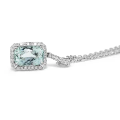 18ct White Gold Aquamarine and Diamond Halo Pendant