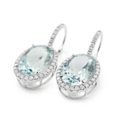 18ct White Gold Aquamarine and Diamond Drop Halo Earrings
