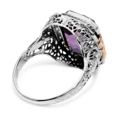 18ct White Gold Art Deco Amethyst Filigree Ring with Rose Gold Detail