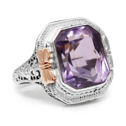 18ct White Gold Art Deco Amethyst Filigree Ring with Rose Gold Detail
