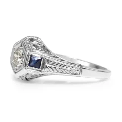 18ct White Gold Art Deco Old Cut Diamond and Sapphire Ring