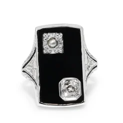 14ct White Gold Art Deco Pearl, Onyx and Old Cut Diamond Ring