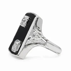 14ct White Gold Art Deco Pearl, Onyx and Old Cut Diamond Ring
